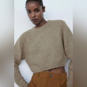 Zara Women’s Alpaca Wool Blend Mink Taupe Crop Pullover Oversized Sweater Small
